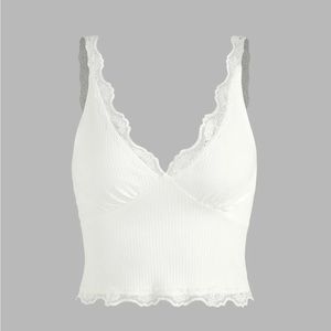 Ribbed Lace Trim Cropped Tank Top